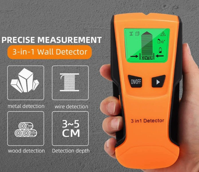 Orange 3-in-1 wall detector held by a hand with text and icons on a gray background